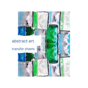 Peut inclure: Feuilles de transfert d'art abstrait avec un motif de carrés verts, bleus et gris. Le texte "abstract art transfer sheets" est visible sur l'image.