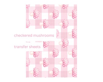 Pink Mushrooms on Checkered Background Polymer Clay Image Transfer Sheet - Valentine's Day Design