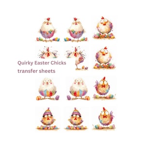 Puede incluir: Un conjunto de 10 láminas de transferencia coloridas con pollitos de Pascua extravagantes con colores y patrones brillantes. Las láminas están etiquetadas como "Quirky Easter Chicks transfer sheets".