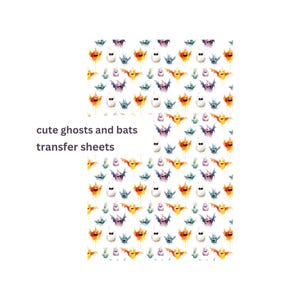 May include: A seamless pattern featuring cute cartoon ghosts and bats in various colours, including purple, orange, yellow, and blue. The ghosts and bats are arranged in a repeating pattern on a white background.