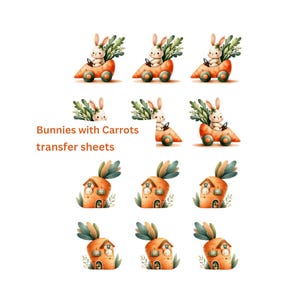 Puede incluir: Hojas de transferencia de acuarela con conejitos en coches de zanahoria y casas de zanahoria. Los conejitos son blancos con orejas rosas, y las zanahorias son naranjas con hojas verdes. El texto dice "Bunnies with Carrots transfer sheets".