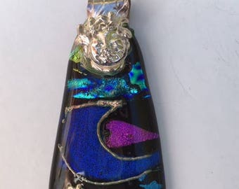 Dichroic glass and fine silver pendant on sterling silver chain