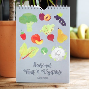 Calendario de frutas y verduras de temporada en formato A5 y A4, calendario perpetuo, calendario de acuarela