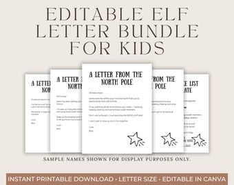 May include: An editable Elf Letter Bundle for kids, featuring several white letter templates with black text. The letters are titled "A Letter From The North Pole" and include star illustrations. The text at the top reads "Editable Elf Letter Bundle For Kids".