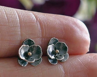 Sterling silver orchid flower stud earrings with 9ct yellow gold