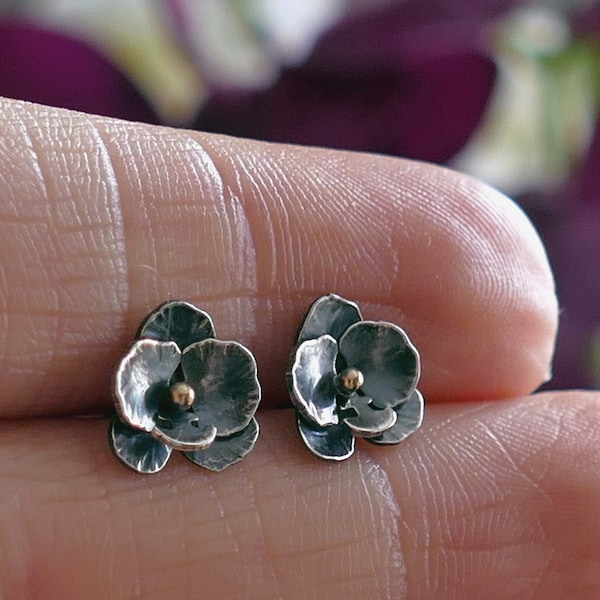 Sterling silver orchid flower stud earrings with 9ct yellow gold