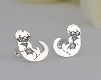 Otter Stud Earrings in Sterling Silver, Cute Kids Jewellery, Rose or Yellow Gold Plating