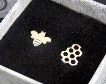 Bee and honeycomb studs, sterling silver earrings, gift for beekeeper