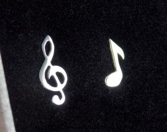 Silver music stud earrings, treble clef, music note