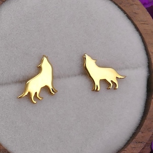 Sterling Silver Wolf Stud Earrings: Yellow or Rose Gold Plated, Flat Back Option, Werewolf