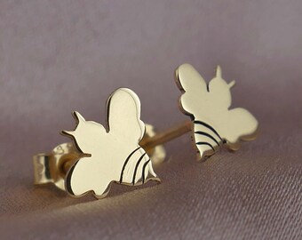 Sterling silver bee stud earrings, solid yellow or rose gold