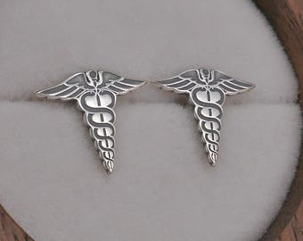 Sterling Silver Caduceus Stud Earrings: Medical Symbol Jewelry