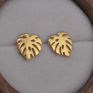 Sterling silver palm leaf earrings, monstera studs, 24ct yellow gold plated, rose gold plated