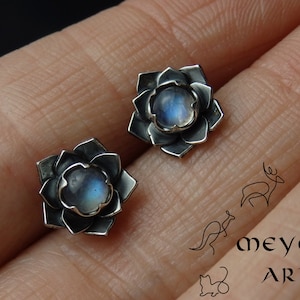 Silver lotus flower stud earrings, gemstone earrings