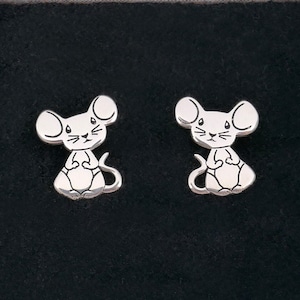 Sterling silver adorable mouse stud earrings, cute rodent, rat, yellow gold, rose gold plating, handmade, flat back studs available