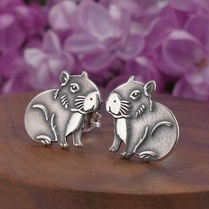 Sterling silver capybara stud earrings, handmade cute jewellery, 24ct yellow gold plated, rose gold plated, flat back option