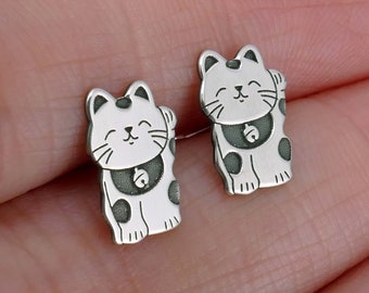 Lucky cat stud earrings, sterling silver good luck charm