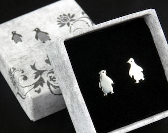 Sterling Silver Penguin Bird Stud Earrings: 24k Gold or Rose Gold Plated, Handmade Jewelry