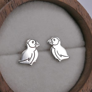 Sterling silver puffin stud earrings, yellow gold, rose gold plated flat back puffin handmade jewelry