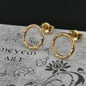 Small gold hammered circle stud earrings, simple studs