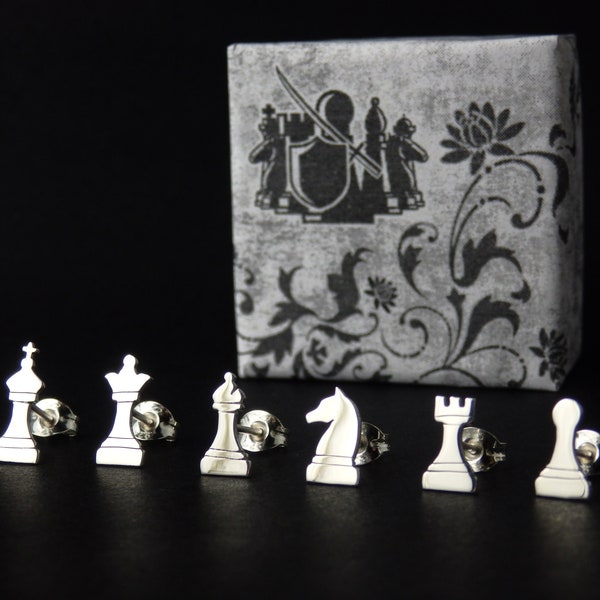 Silver chess pieces stud earrings