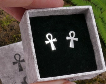 Handmade sterling silver ankh stud earrings, rose gold, yellow gold plated ancient themed jewelry