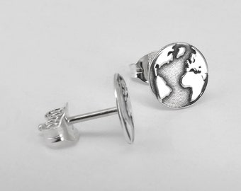 Sterling silver earth stud earrings, globe, world