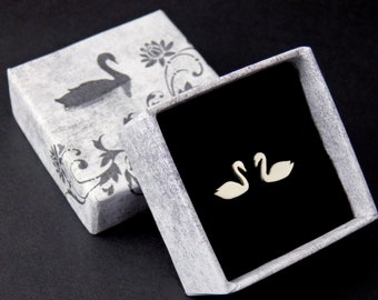 Sterling Silver Swan Stud Earrings: Handmade Bird Jewelry, Rose or Yellow Gold Plating Available