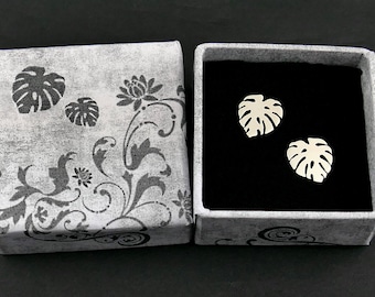 Sterling silver palm leaf earrings, monstera studs