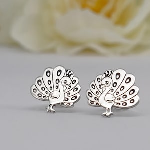 Sterling silver peacock bird stud earrings, handmade jewellery, 24ct yellow gold plated, rose gold plated, flat back earrings