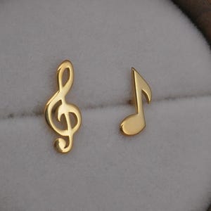 Silver music stud earrings, treble clef, music note, 24ct yellow gold plated, rose gold plated
