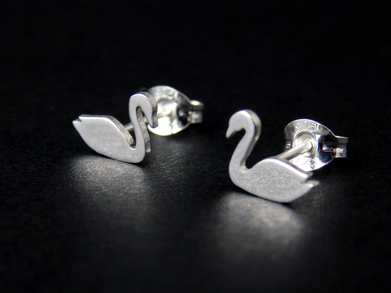 Sterling silver swan stud earrings, white or black image 4