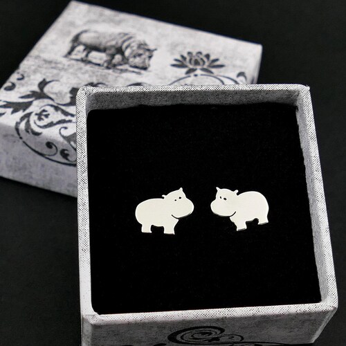 Sterling Silver 925 3D Hippopotamus Dangling Earrings – Handmade In USA