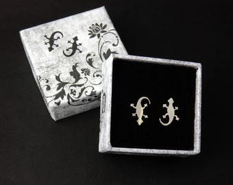 Silver gecko stud earrings, reptile jewelry