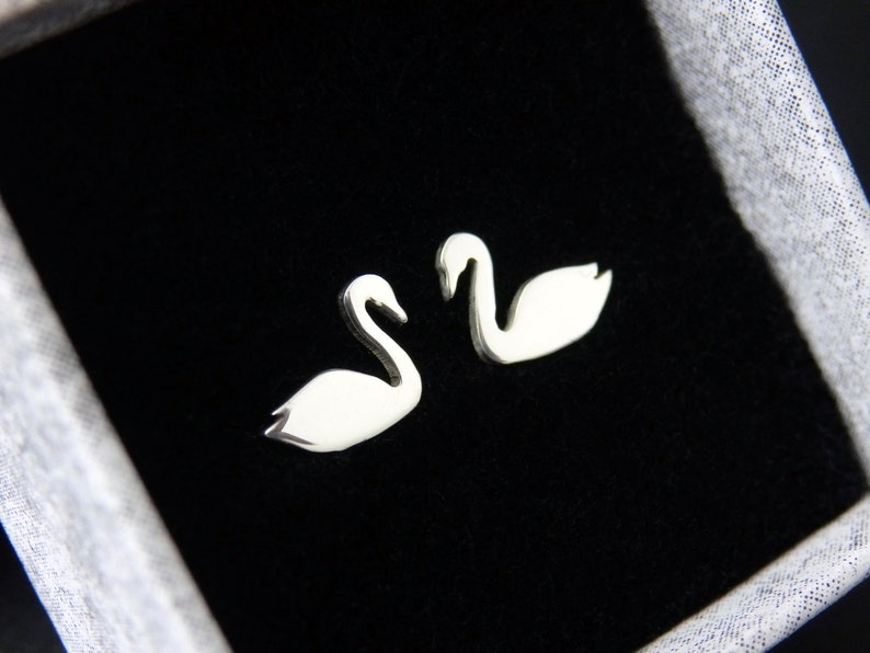 Sterling silver swan stud earrings, white or black image 2