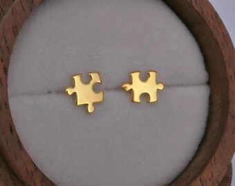 Sterling Silver Jigsaw Puzzle Piece Stud Earrings, Gold Plating Available, Autism Symbol