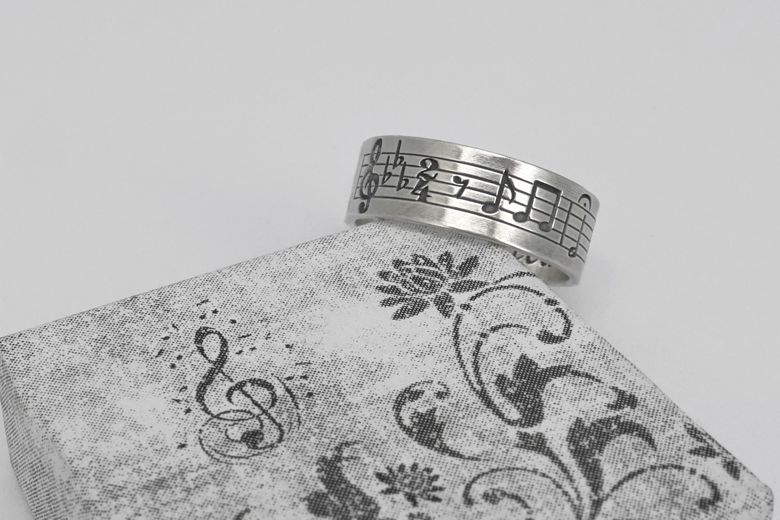 Musical Note Ring Pattern Sterling Silver Music Notes Ring, Handmade Custom Engraved Wedding Band ...