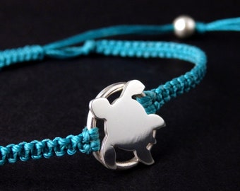 Sterling silver turtle adjustable cord bracelet, multiple colours