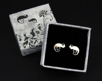 Silver chameleon stud earrings, smiling reptile