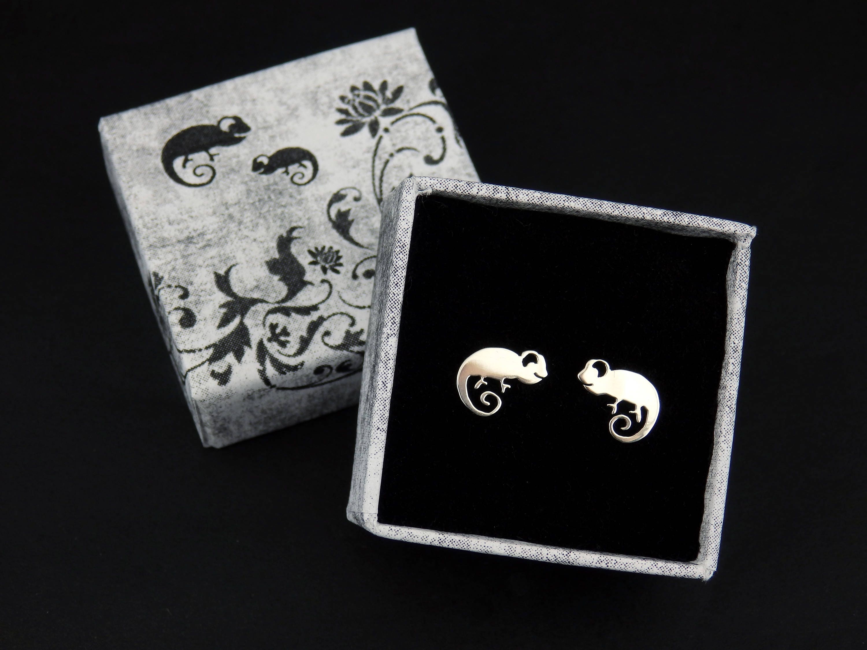 Handmade Chameleon Earrings Wooden Earrings Green Reptiles Stud