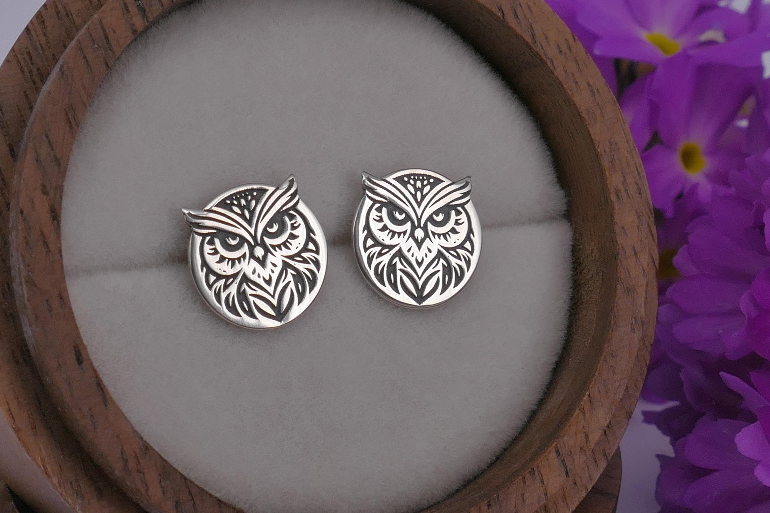 Sterling Silver Tribal Owl Stud Earrings: 24k Gold or Rose Gold Plated