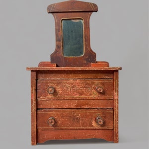 Antique miniature dollhouse dresser furniture, wooden folkart furniture toy chest of drawer and miror, chic shack antique