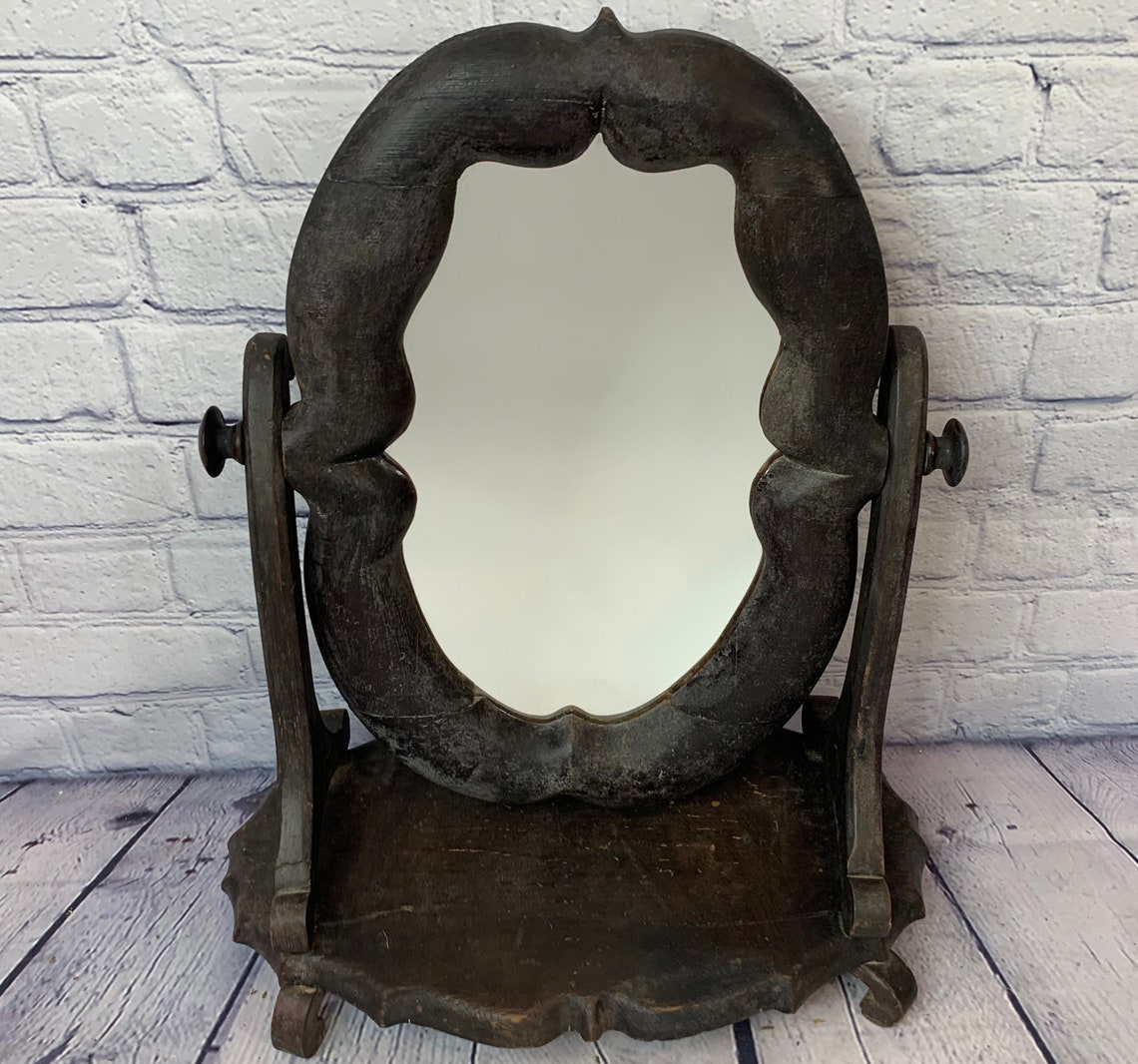 Antique Hand Carved Wooden Table Mirror Vanity Shaving Etsy