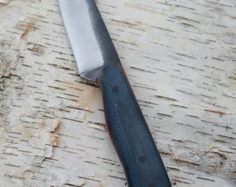 High Carbon Steel Hunting Knife w/ Blue Canvas Micarta Handle; 4.5" blade, 9" overall