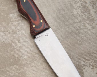 Custom Carbon Steel Hunting with Orange and Black Canvas Micarta handle 5" blade, 10" overall w/ Leather Sheath