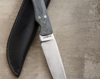Custom Hunting Knife with unique layered Denim micarta handle 4.5" blade; 9.5" overall w/ Black Leather Sheath