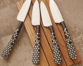 Custom Stainless Steak Knife Set of 4 Black & White Micarta Handles 7" overall