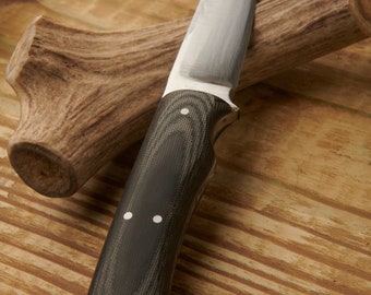 Custom high-carbonHunting Utility kitchen knife with Black Canvas Micarta handle scales with steel pins; 4" blade,  8.5" overall