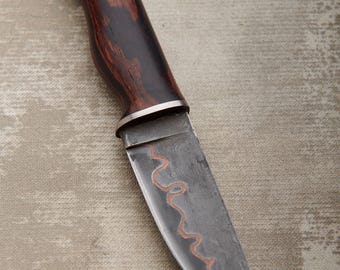 Damascus Hunting Knife with Copper Layer, Desert Ironwood handle, 4" blade, 9" overall