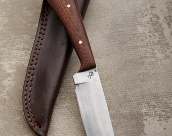 Custom Carbon Steel Hunting Knife with Natural Canvas Micarta handle 4" blade, 9" overall w/ Leather Sheath